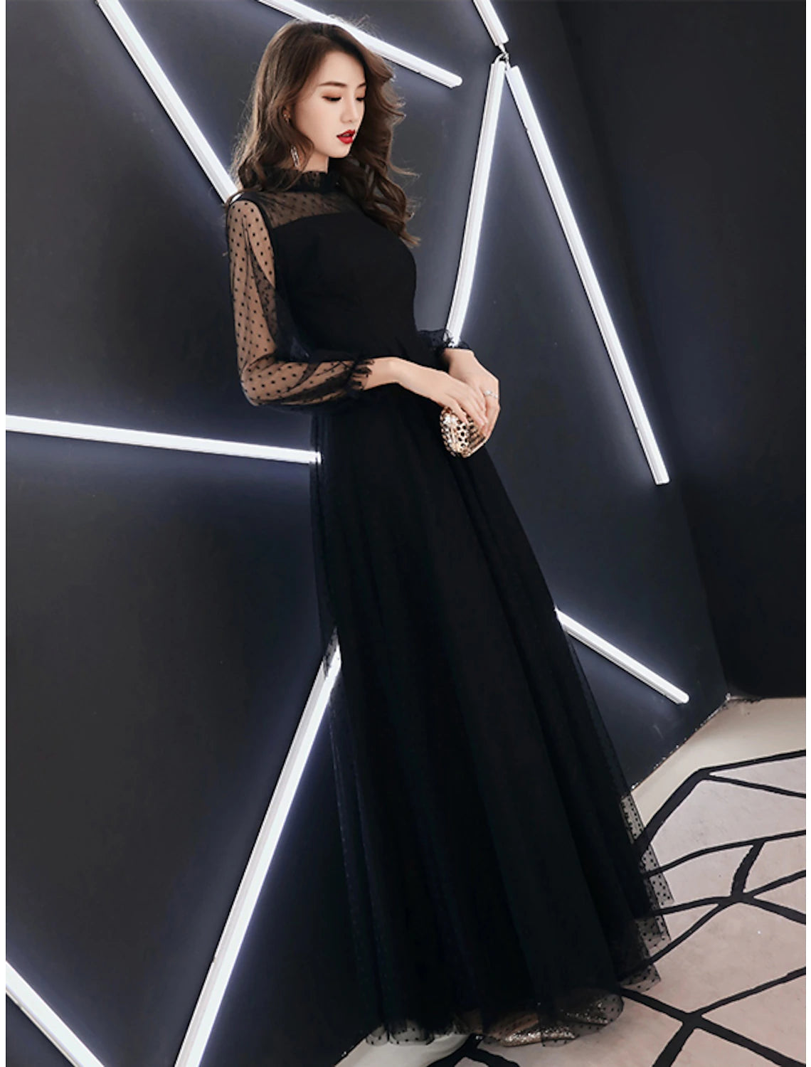 A-Line Black Dress Elegant Party Wear Prom Dress High Neck Long Sleeve Floor Length Lace with Ruffles