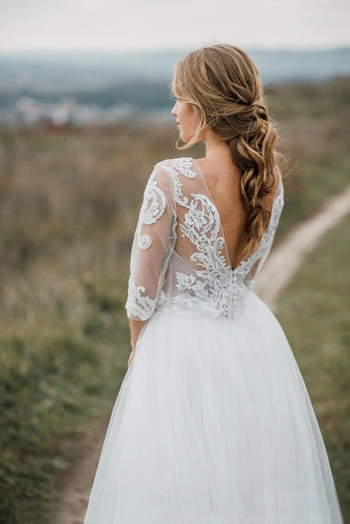 Two Pieces A Line Long Sleeves Tulle Lace Wedding Dresses