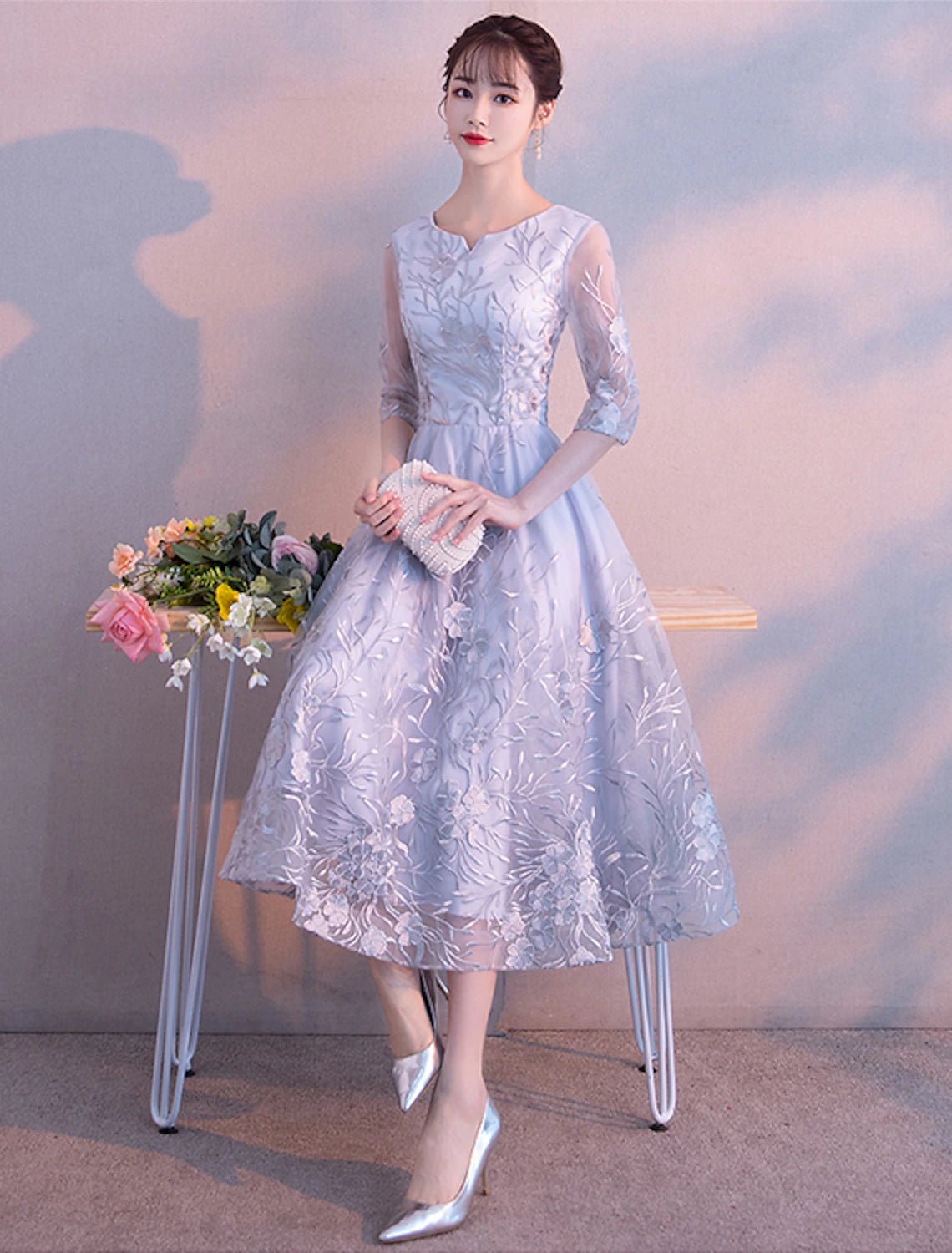 A-Linie Elegantes Cocktailparty-Ballkleid Rundhalsausschnitt 3/4-Ärmel Teelänge Spitze mit Spitzeneinsatz Muster/Druckapplikationen