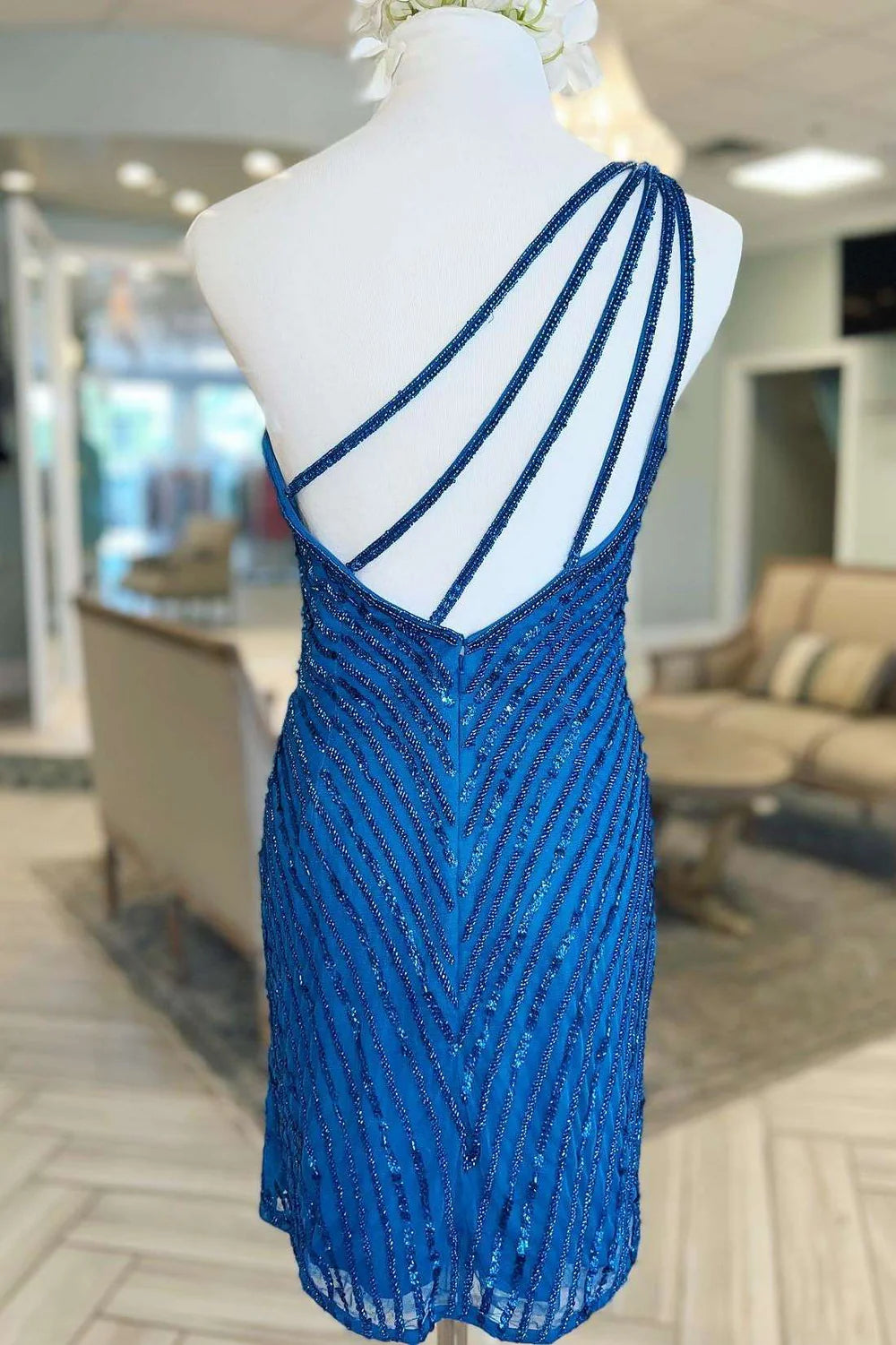 Beaded One-Shoulder Short Cocktail Dress Homecoming Dresses