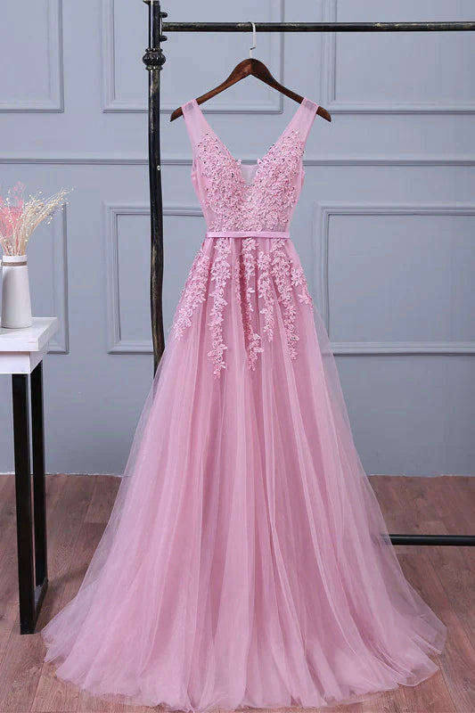 V neck lace applique tulle long prom dress