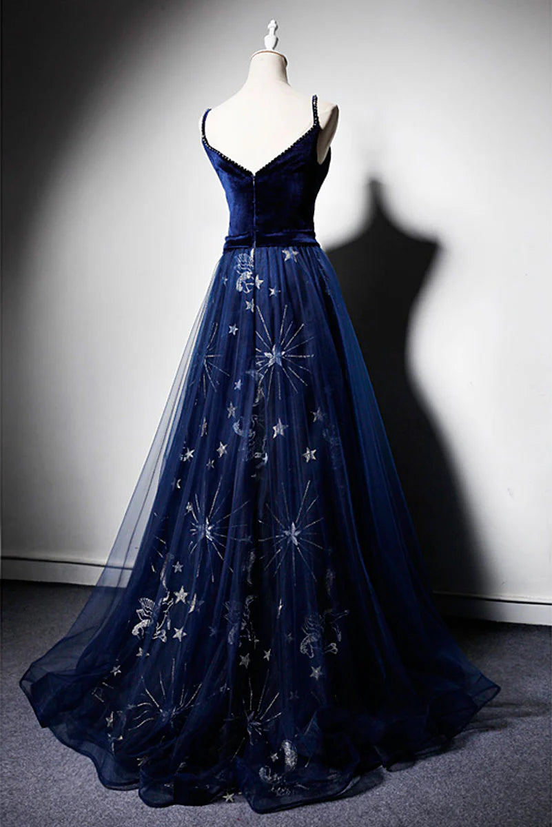 V neck tulle long prom dress