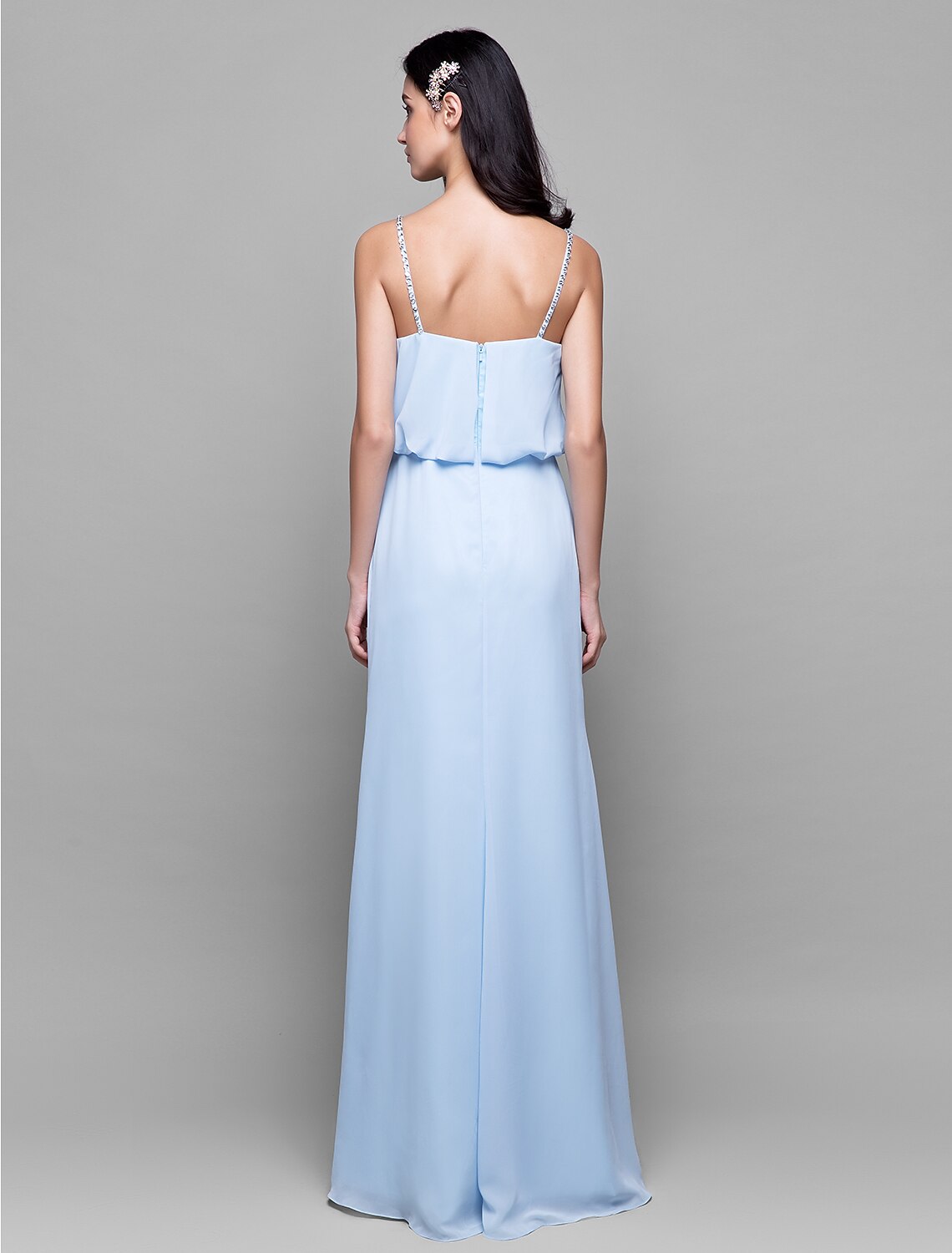 Vestido de dama de honor de gasa con tirantes finos, largo hasta el suelo, con escote en forma de columna y cuentas y pliegues