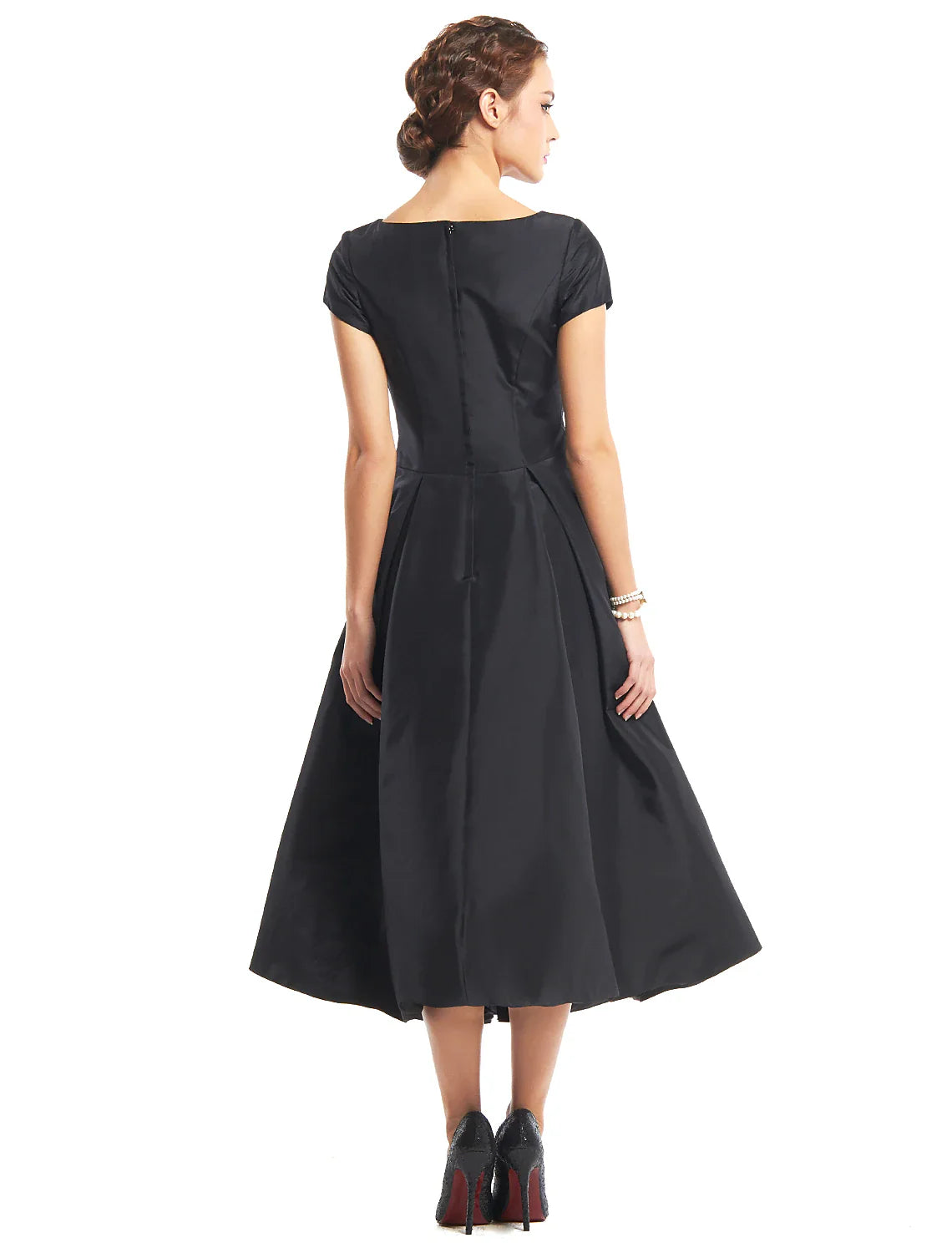 A-Line Black Dress Homecoming Wedding Guest Tea Length Short Sleeve Boat Neck Taffeta with Buttons