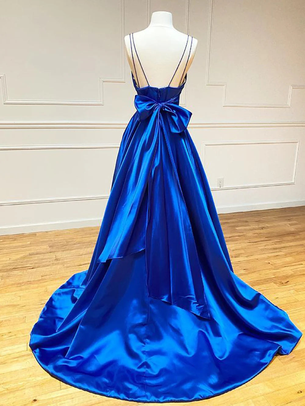 A Line V Neck Long Satin Prom Dress With Bow Tie