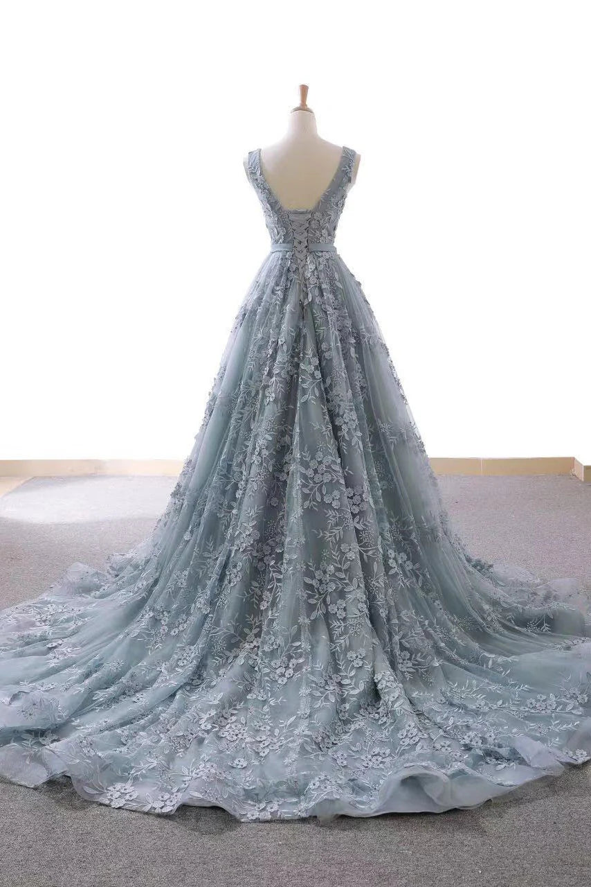 Tulle lace long prom dress