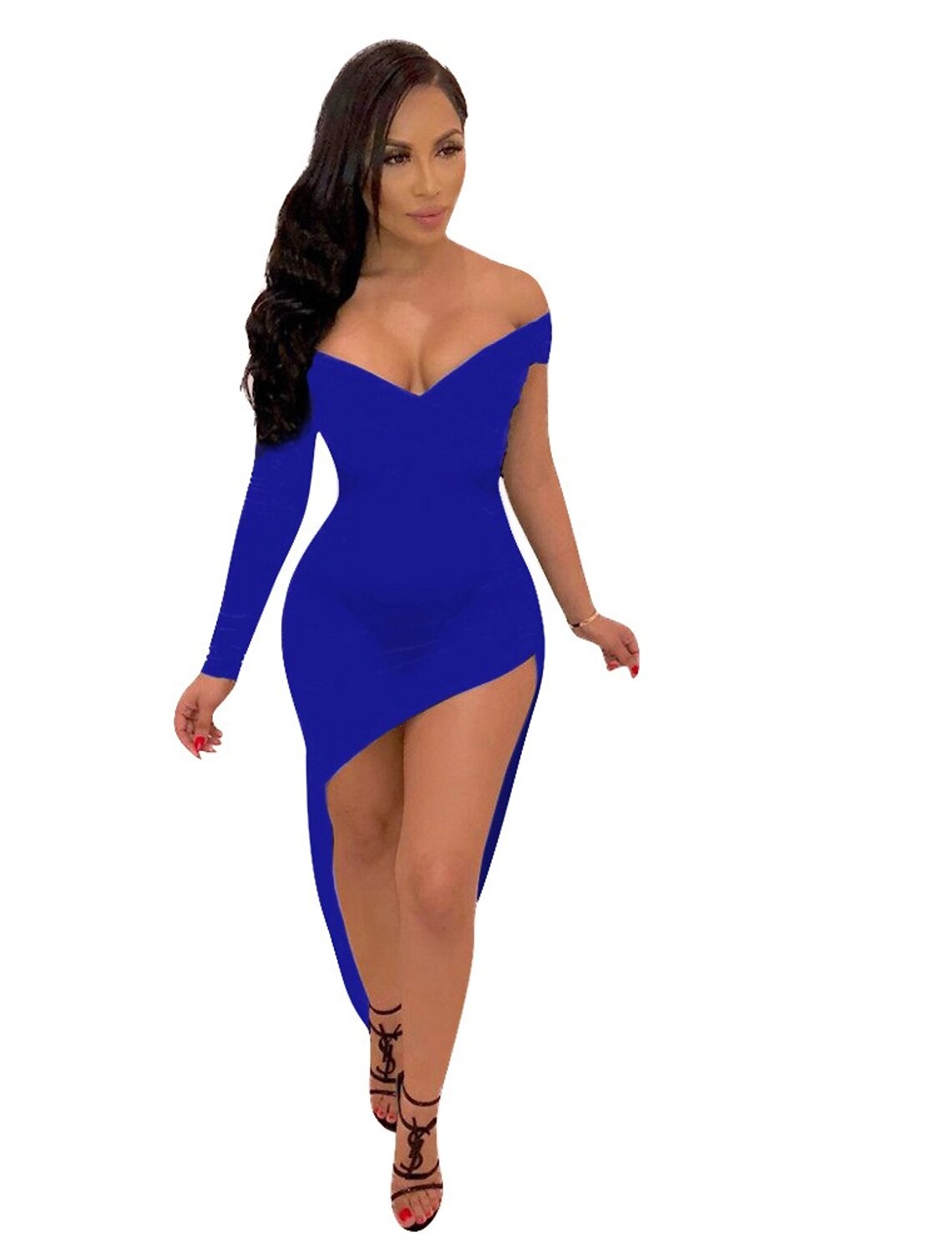 Vestido sexy y caliente para fiesta, para club, con abertura alta, escote en V, hombros descubiertos, manga larga, ajustado, asimétrico, de licra, con diseño elegante