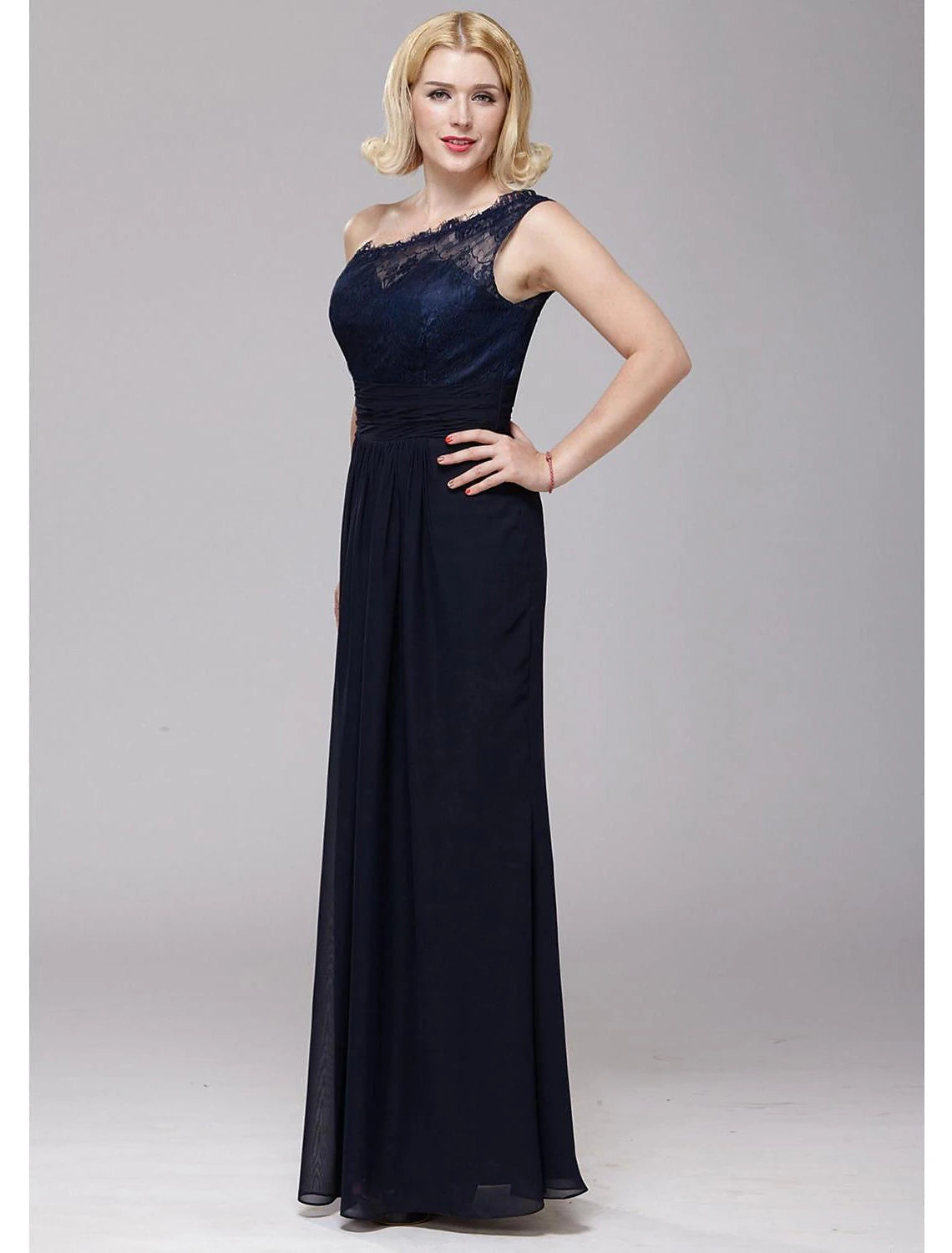 Vestido de dama de honor de corte A, un hombro, sin mangas, elegante, largo hasta el suelo, de gasa/encaje con encaje/faja/cinta