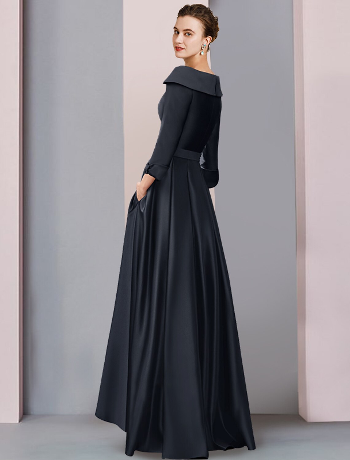 A-Linie Kleid für die Mutter der Braut, Hochzeitsgast, elegant, hoch, tief, U-Ausschnitt, asymmetrisch, knielang, Satin, 3/4-Ärmel, mit Schleife(n), Falten