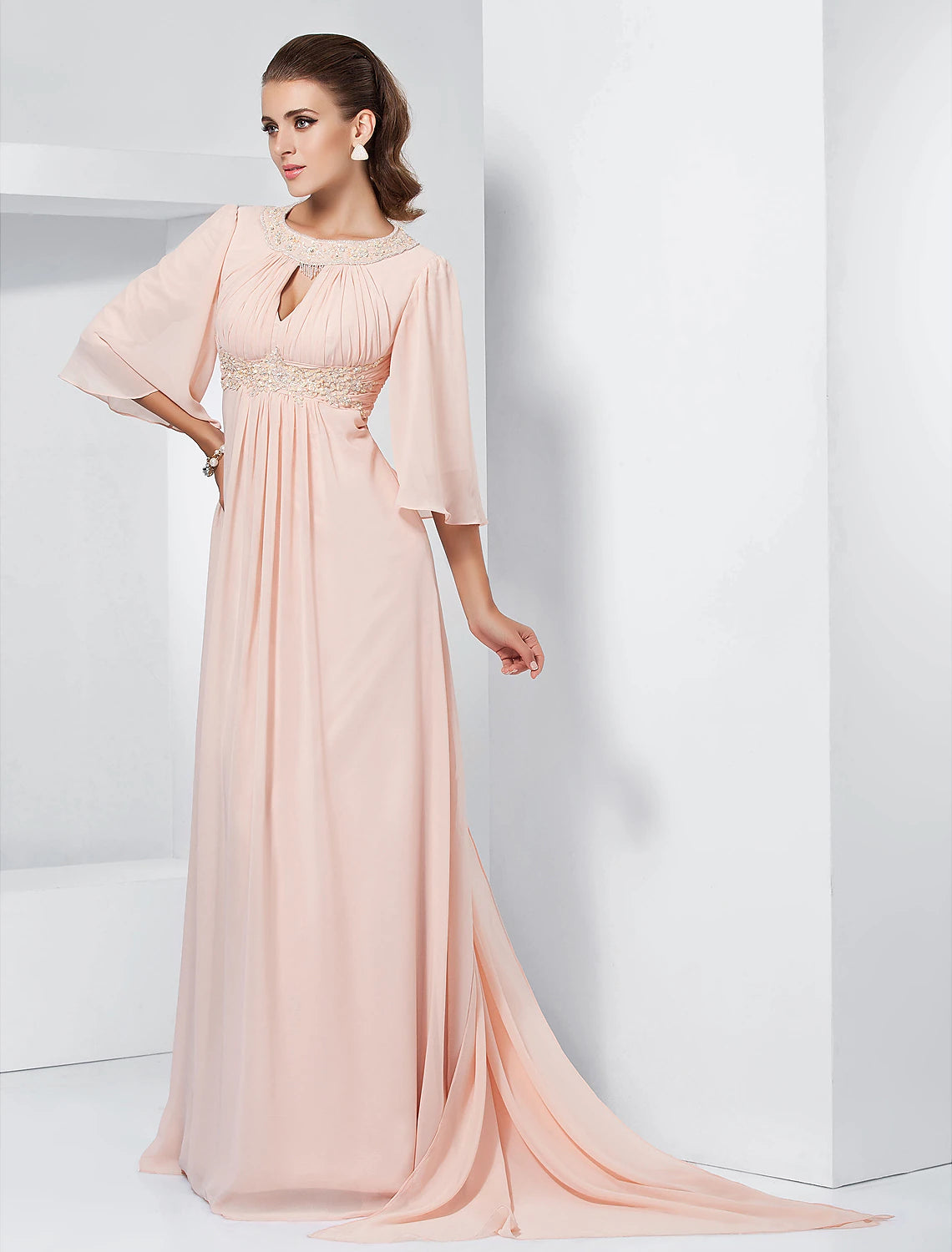 A-Linie Kleider für besondere Anlässe Elegantes Kleid für Hochzeitsgäste Formeller Abend Sweep/Pinsel Schleppe Halbe Ärmel Rundhalsausschnitt Chiffon mit Perlenbesatz Drapierung