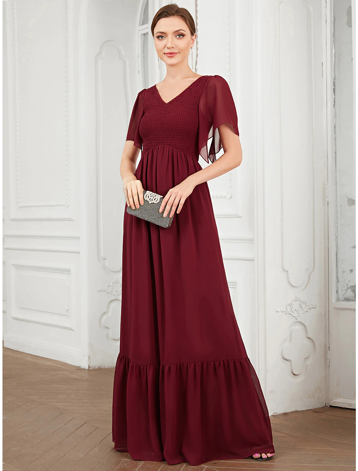 A-Line Prom Dresses Elegant Dress Wedding Guest Party Wear Floor Length Short Sleeve V Neck Chiffon with Pleats