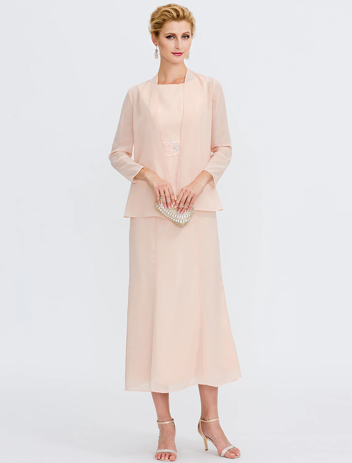 Zweiteiliger Etui-/Säulen-Kleid für die Brautmutter, Hochzeitsgast, Übergröße, elegant, mit Jacke, lange Ärmel, Rundhalsausschnitt, wadenlang, Chiffon, Schärpe/Band, Falten, Perlenstickerei