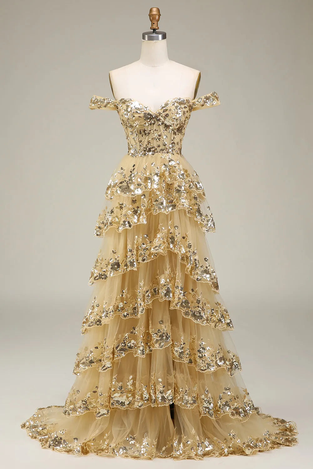 A-Line Sparkly Off The Shoulder Prom Dress with Sequin And Split