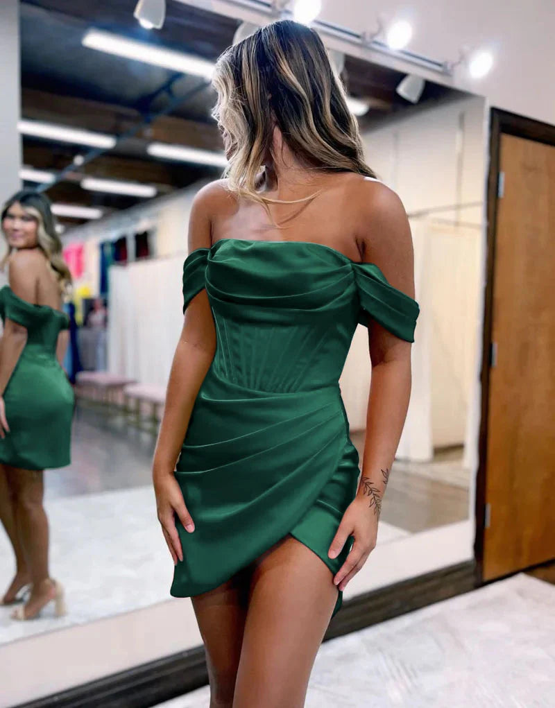 Sheath Off The Shoulder Satin Short Homecoming Dress