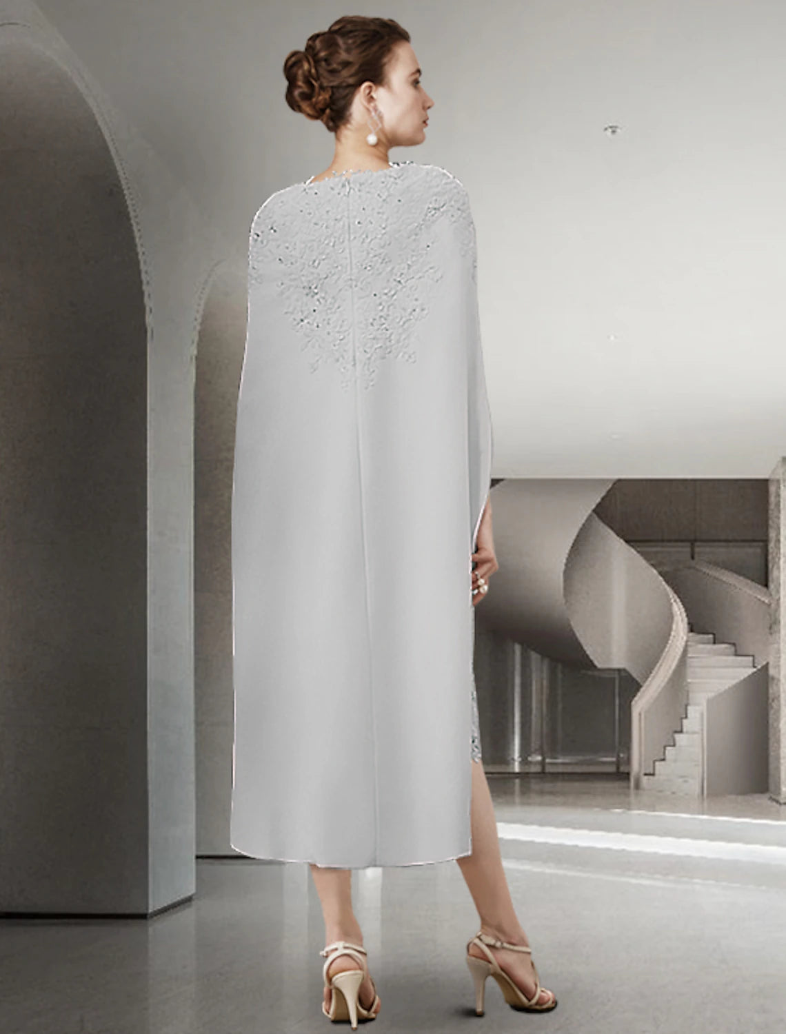 Two Piece Sheath / Column Mother of the Bride Dress Wedding Guest Church Elegant Jewel Neck Knee Length Chiffon Lace Sleeveless with Beading Appliques