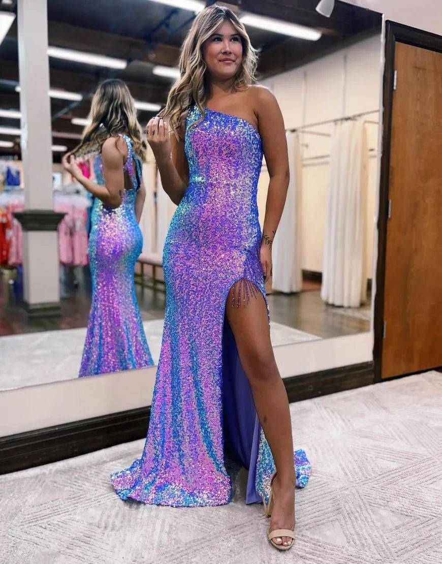 Vestido de fiesta largo sexy con lentejuelas y un hombro descubierto