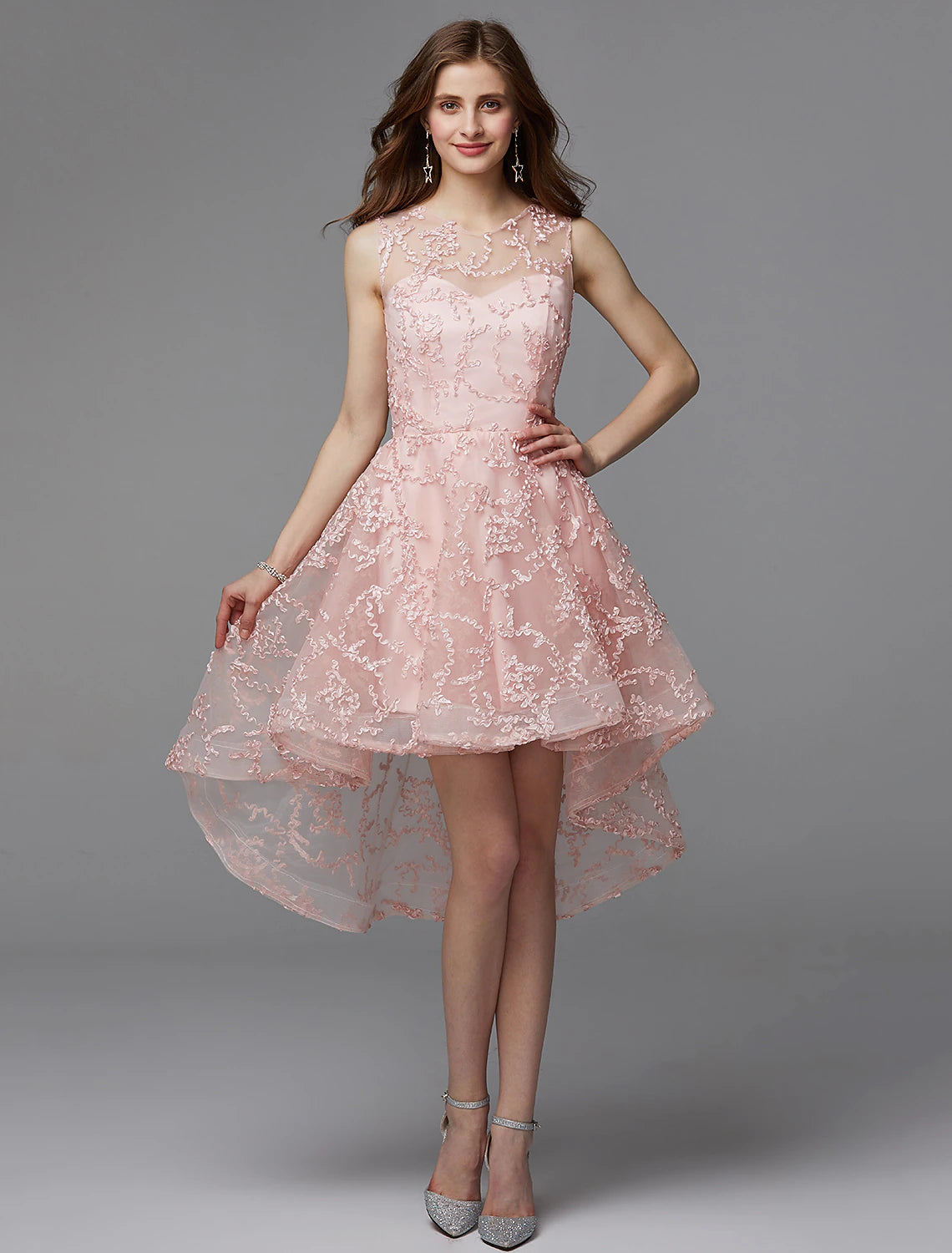 A-Linien-Kleid für Hochzeitsgäste, Cocktailpartys, asymmetrisch, ärmellos, Illusionsausschnitt, Tüll mit Applikationen
