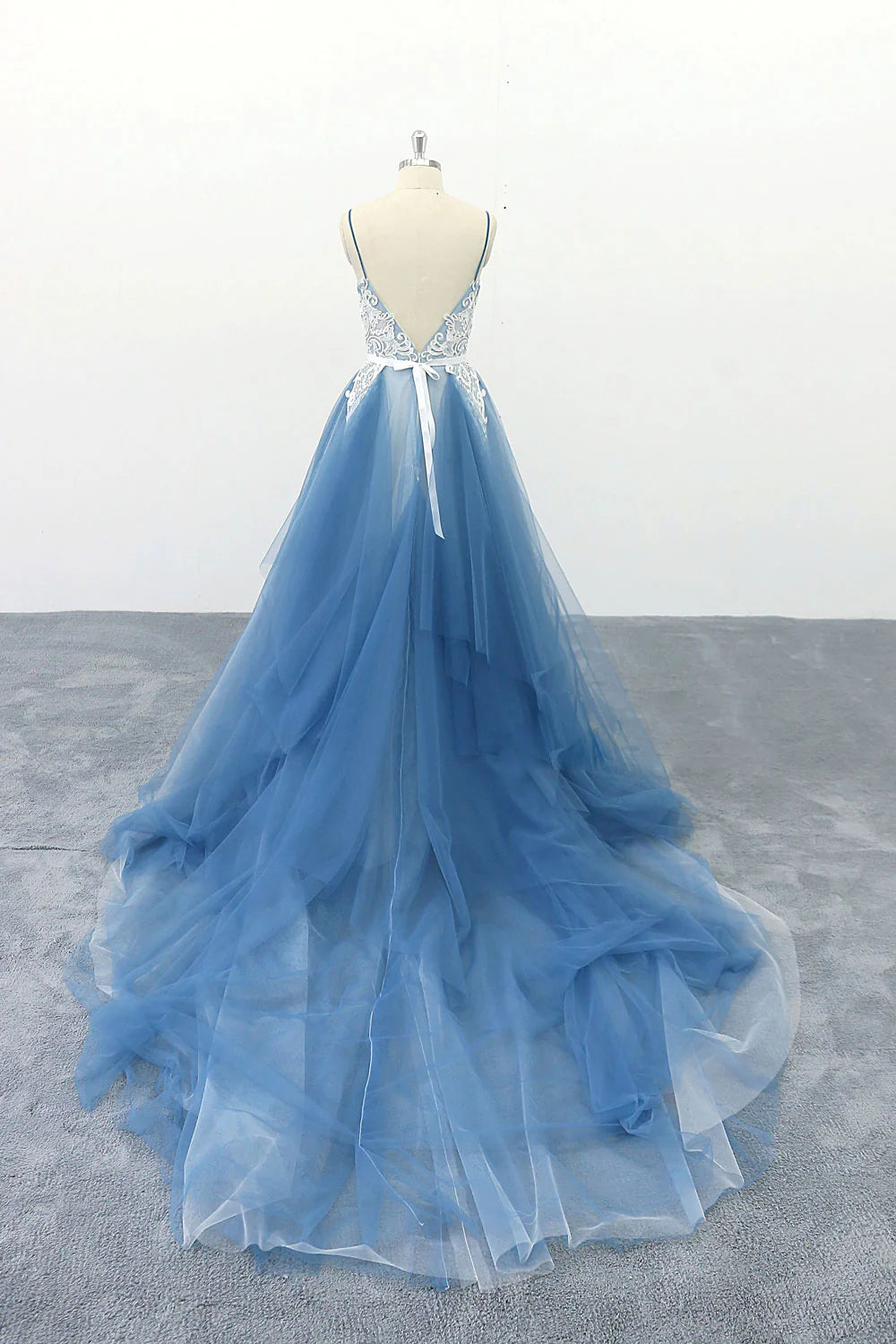 V neck tulle lace long prom dress