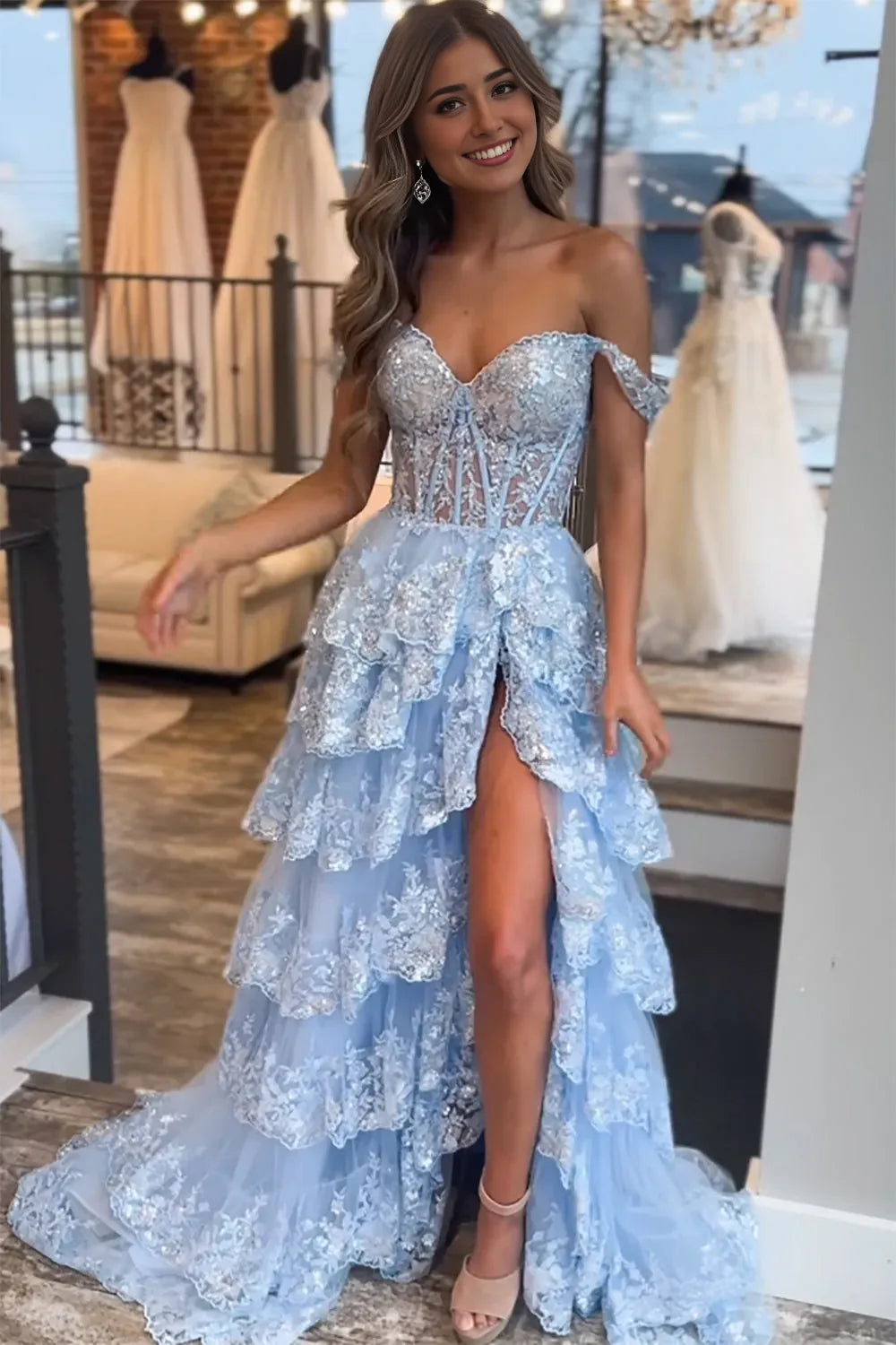 A Line Off the Shoulder Corset Prom Dress with Lace Ruffles