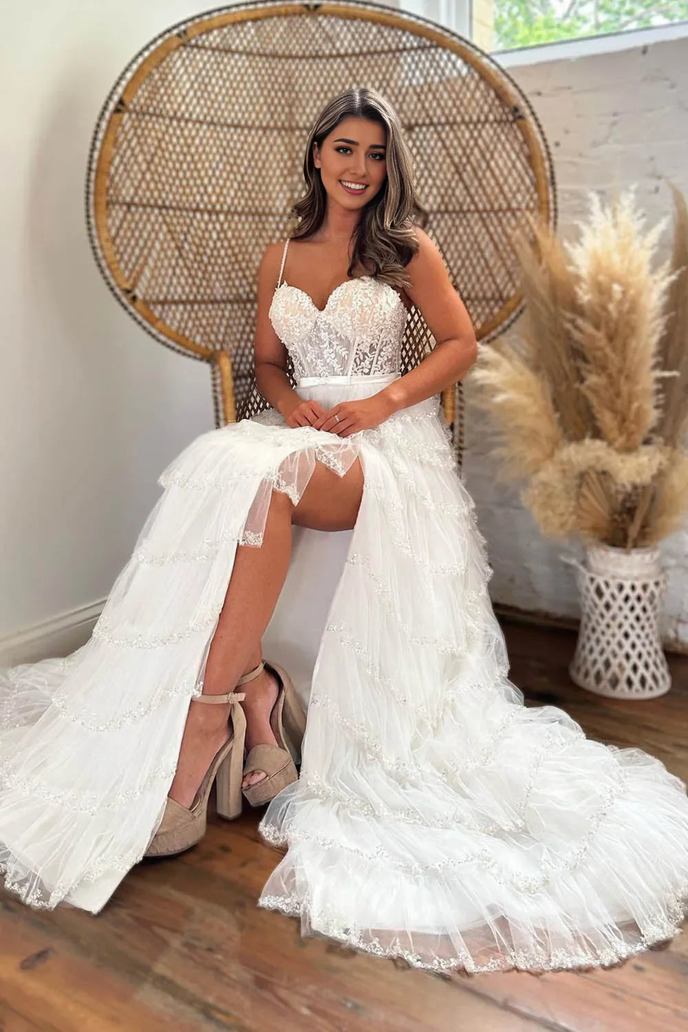 A Line Spaghetti Straps Corset Prom Dress with Appliques Ruffles
