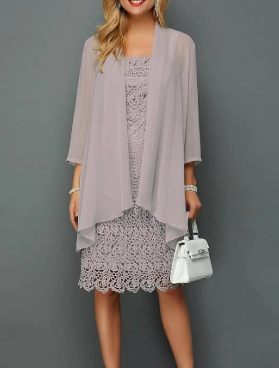 Two Piece Sheath / Column Mother of the Bride Dress Wedding Guest Church Elegant Plus Size Bateau Neck Knee Length Chiffon Lace 3/4 Length Sleeve Jacket Dresses with Appliques