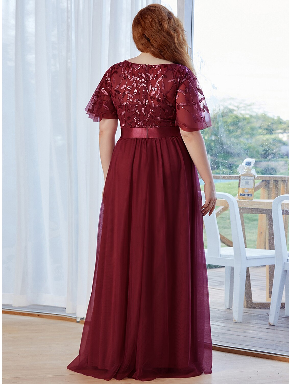 A-Line Prom Dresses Vintage Dress Prom Floor Length Short Sleeve Jewel Neck Tulle with Sequin Ruffles Applique