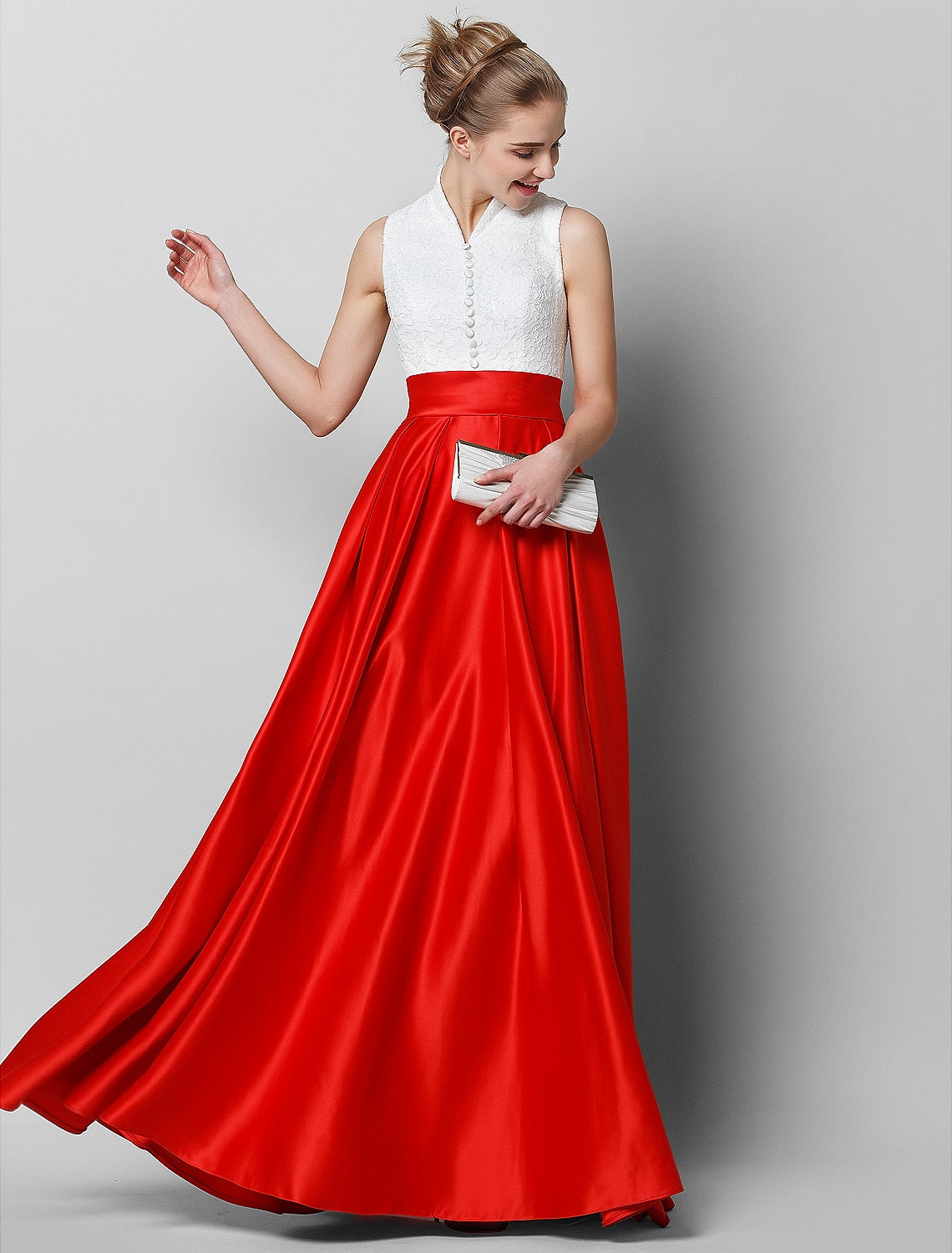 A-Linie, elegantes und luxuriöses Farbblock-Kleid für formelle Abende, schwarze Krawatte, Galakleid, hoher Halsausschnitt, ärmellos, bodenlang, Spitze mit Falten