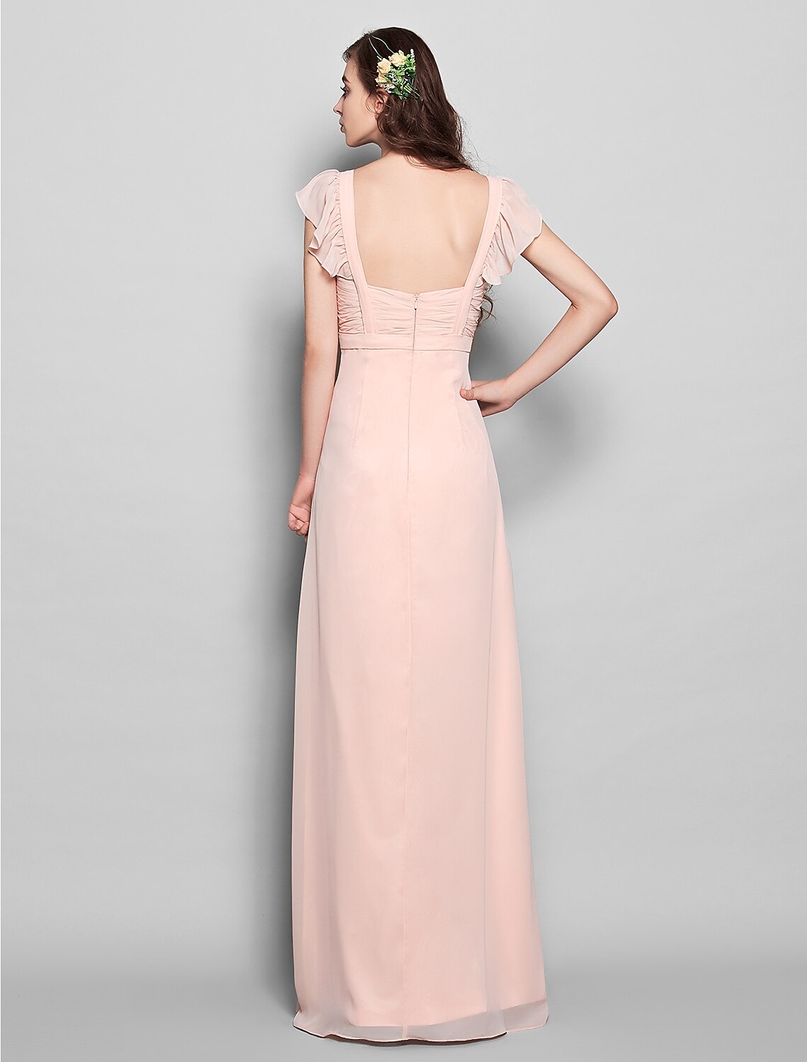 Vestido de dama de honor de gasa con escote tubo/columna, largo hasta el suelo, con faja/cinta/plisado.