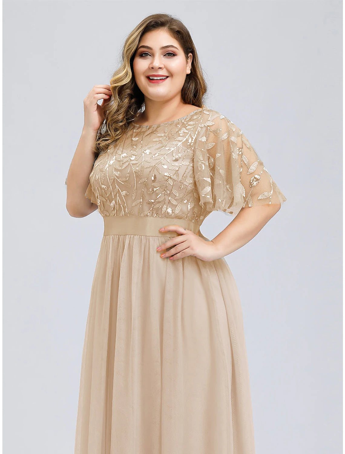 A-Line Prom Dresses Plus Size Dress Wedding Guest Floor Length Short Sleeve Jewel Neck Chiffon with Appliques