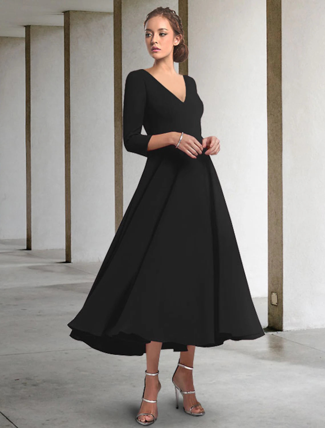 A-Linien-Kleid für die Brautmutter, elegant, V-Ausschnitt, knielang, Chiffon, 3/4-Ärmel mit Falten
