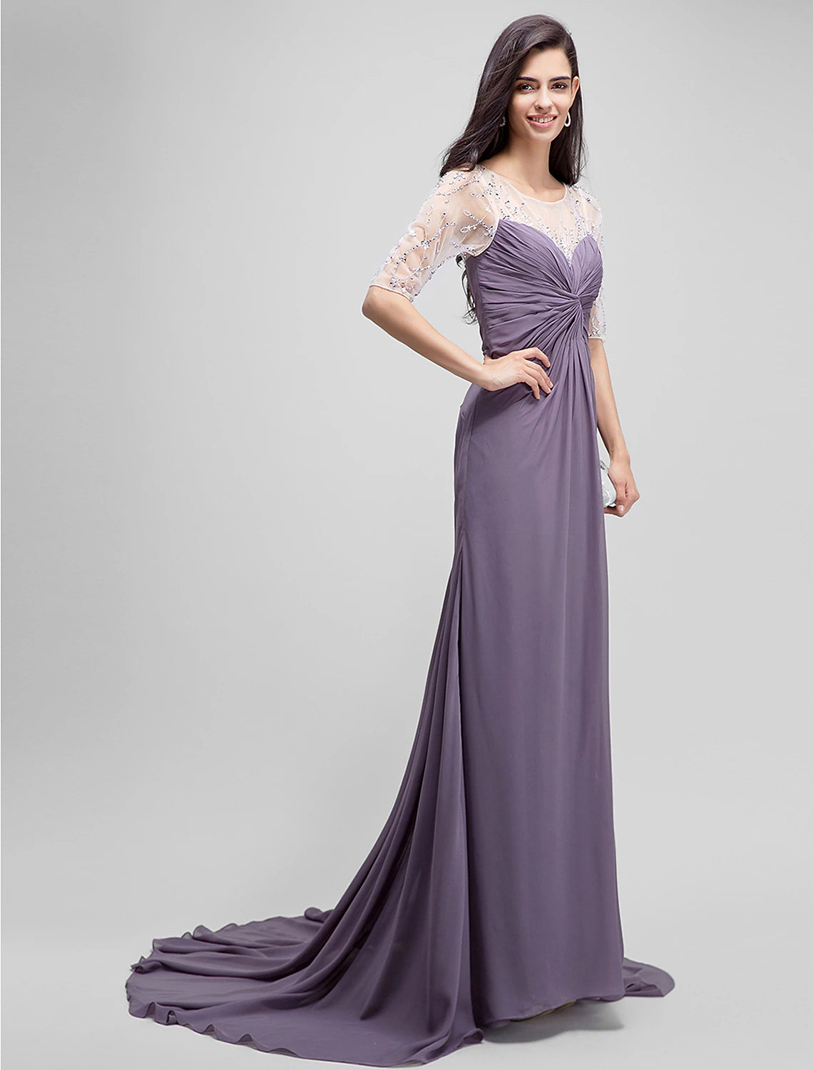A-Linien-Kleid für die Brautmutter, elegant, U-Ausschnitt, bodenlang, Chiffon, halbe Ärmel, nein, mit überkreuzten Perlen