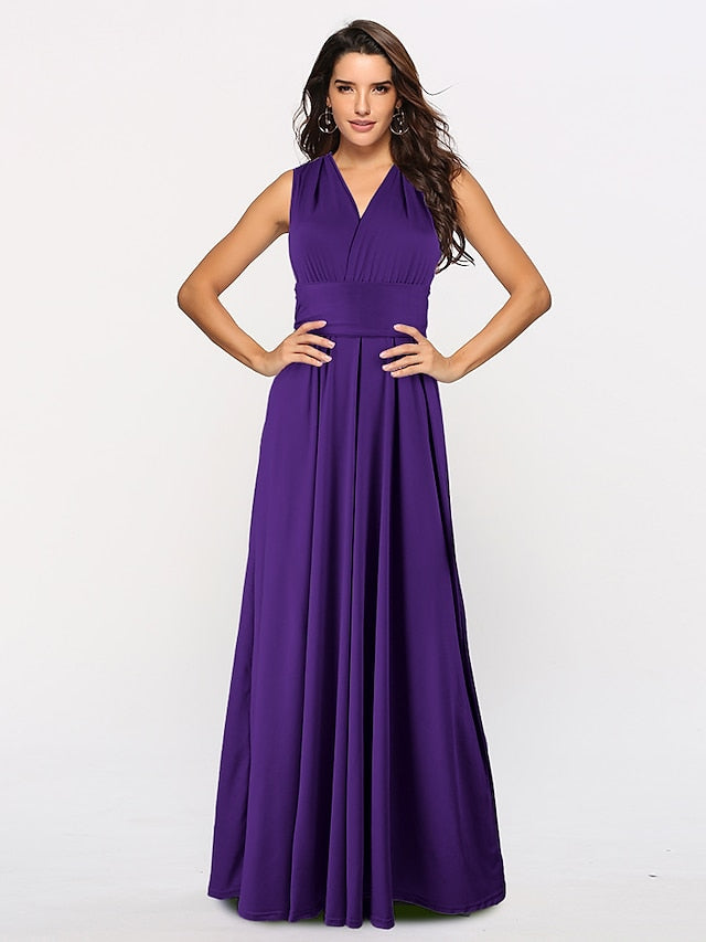 A-Line Bridesmaid Dress Halter / V Neck Sleeveless Convertible Floor Length Spandex with Sash / Ribbon / Pleats