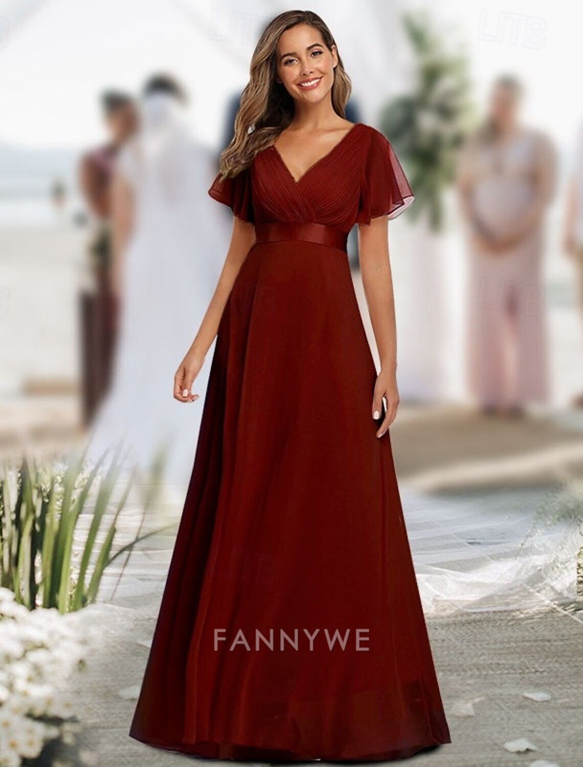 FannyWe Vestidos de fiesta sencillos de corte A, elegantes, para invitadas de boda, graduación, largo hasta el suelo, manga corta, escote en V, vestido de dama de honor de gasa, espalda en V con volantes fruncidos