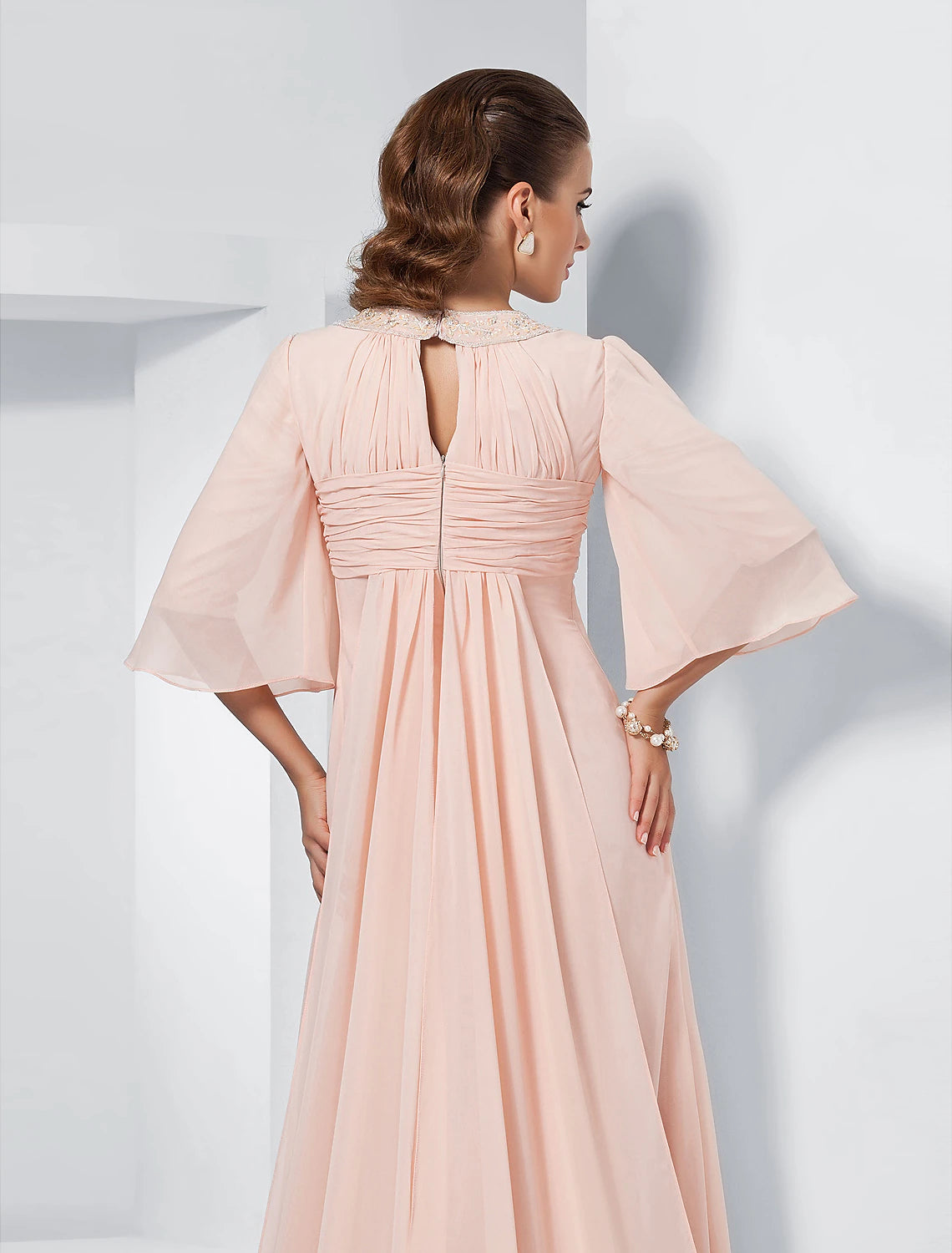 A-Linie Kleider für besondere Anlässe Elegantes Kleid für Hochzeitsgäste Formeller Abend Sweep/Pinsel Schleppe Halbe Ärmel Rundhalsausschnitt Chiffon mit Perlenbesatz Drapierung