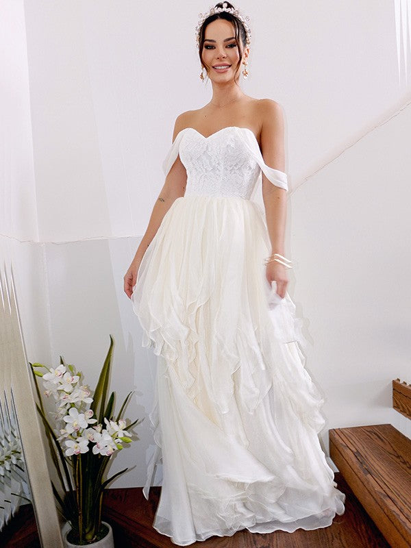 A-Linie/Princess-Linie Ärmellos Schulterfrei Rüschen Chiffon Bodenlang Brautkleider