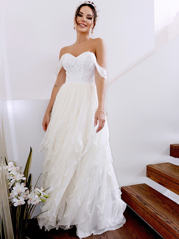 A-Linie/Princess-Linie Ärmellos Schulterfrei Rüschen Chiffon Bodenlang Brautkleider