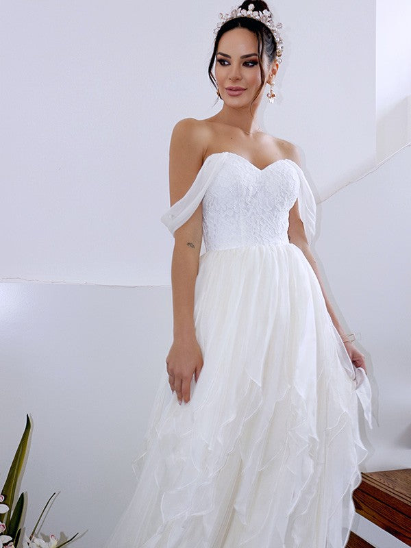 A-Linie/Princess-Linie Ärmellos Schulterfrei Rüschen Chiffon Bodenlang Brautkleider