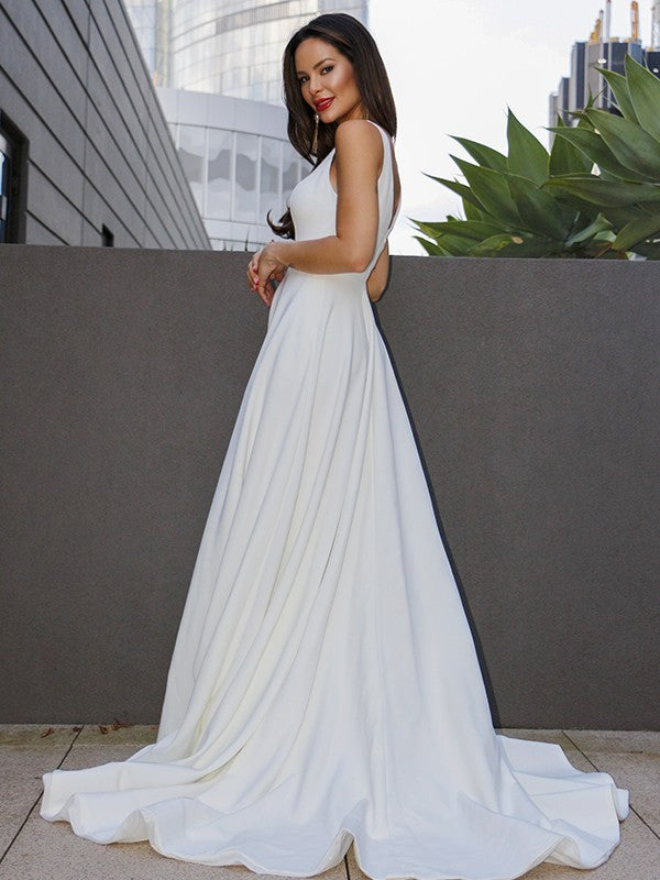 A-Line/Princess Satin Ruffles V-neck Sleeveless Sweep/Brush Train Wedding Dresses