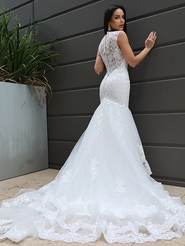 Trumpet/Mermaid Tulle Lace V-neck Sleeveless Sweep/Brush Train Wedding Dresses