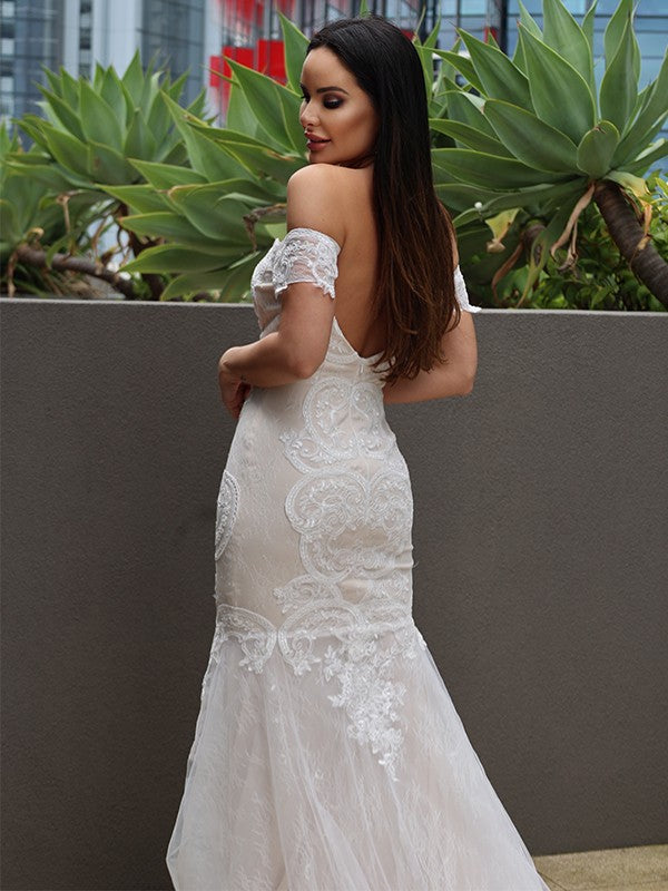 Trumpet/Mermaid Tulle Applique Off-the-Shoulder Sleeveless Sweep/Brush Train Wedding Dresses
