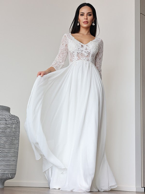 A-Linie/Princess-Linie Chiffon Spitze V-Ausschnitt 3/4 Ärmel Bodenlang Brautkleider