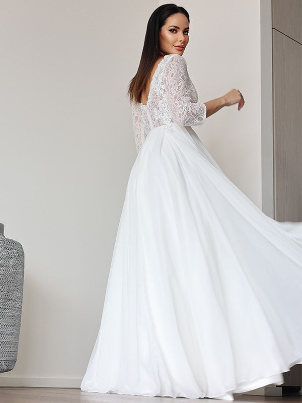 A-Linie/Princess-Linie Chiffon Spitze V-Ausschnitt 3/4 Ärmel Bodenlang Brautkleider