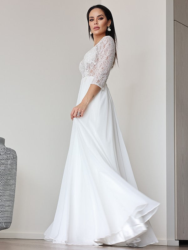 A-Linie/Princess-Linie Chiffon Spitze V-Ausschnitt 3/4 Ärmel Bodenlang Brautkleider