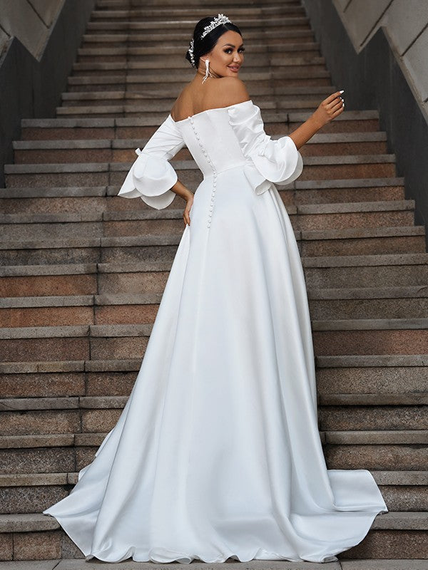 A-Linie/Princess-Linie Charmeuse Rüschen Schulterfrei 3/4 Ärmel Sweep/Pinsel zug Brautkleider