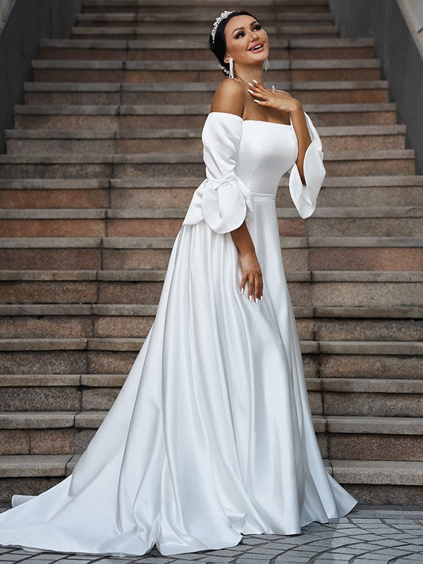 A-Linie/Princess-Linie Charmeuse Rüschen Schulterfrei 3/4 Ärmel Sweep/Pinsel zug Brautkleider