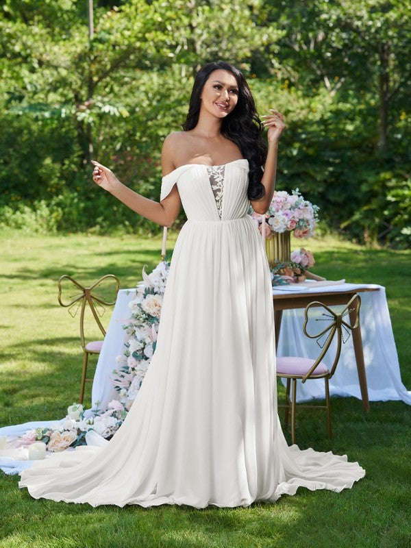 A-Linie/Princess-Linie Chiffon Rüschen Schulterfrei Ärmellos Sweep/Pinsel zug Brautkleider