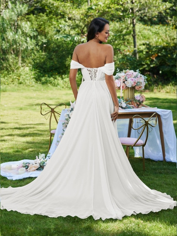 A-Linie/Princess-Linie Chiffon Rüschen Schulterfrei Ärmellos Sweep/Pinsel zug Brautkleider