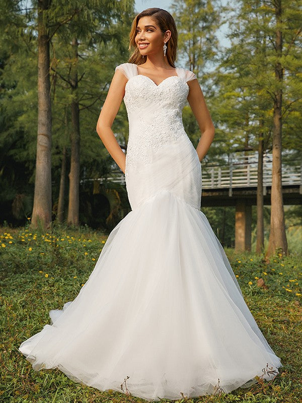Trumpet/Mermaid Tulle Applique Sweetheart Sleeveless Sweep/Brush Train Wedding Dresses