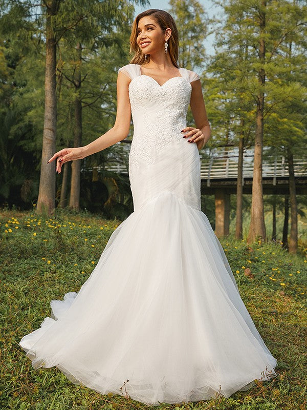 Trumpet/Mermaid Tulle Applique Sweetheart Sleeveless Sweep/Brush Train Wedding Dresses