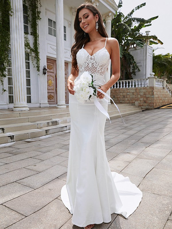 Vestidos de novia con escote en V, sin mangas, de crepé elástico, con cola larga y corte tubo/columna